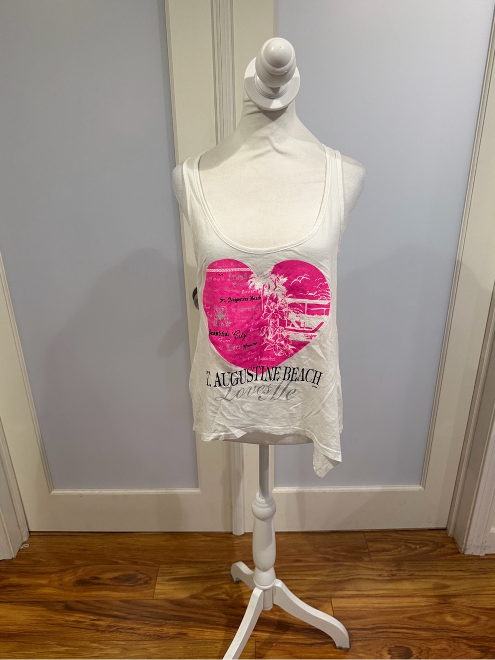 Women's White Tank Top with Pink Heart Beach Graphic